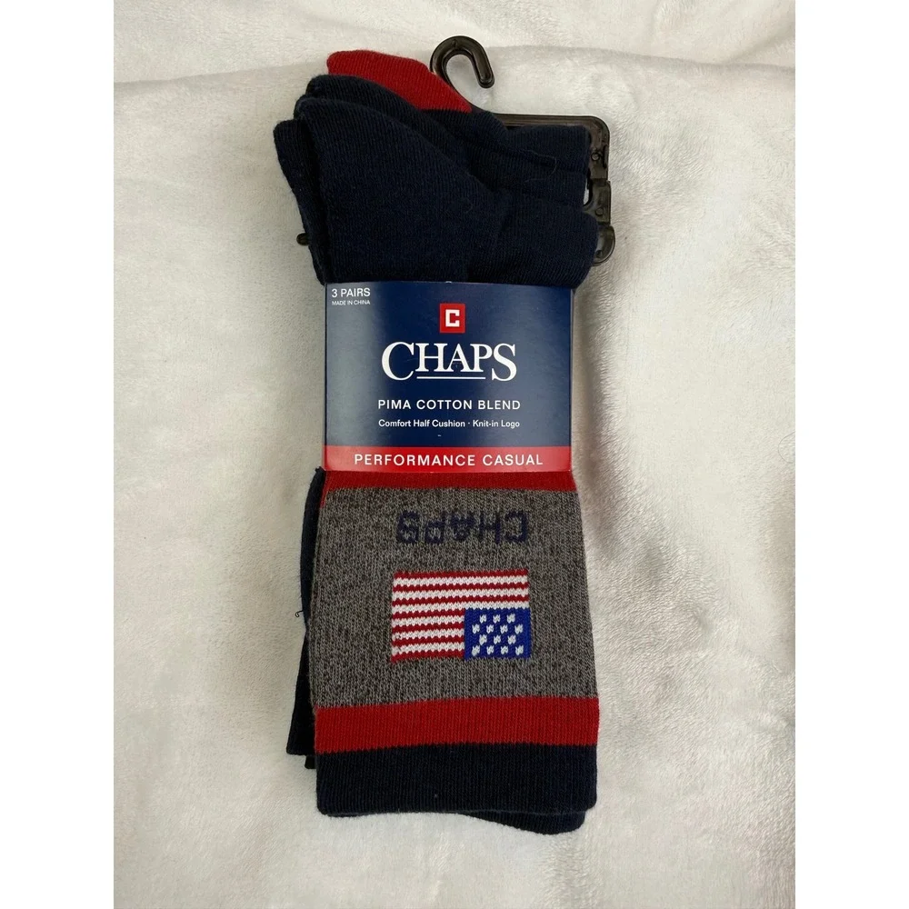 Chaps Mens 3 Pair Pima Cotton Blend Performance Casual Socks American Flag Navy